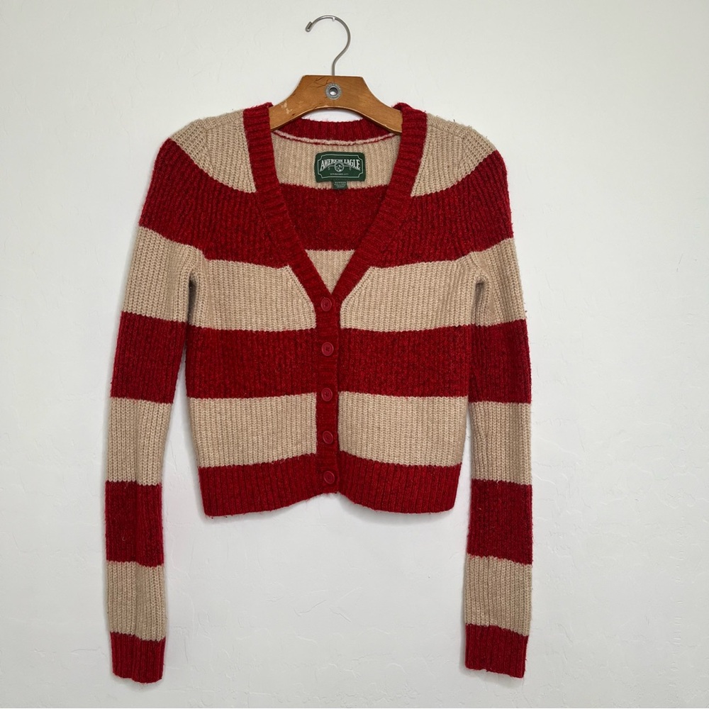 American Eagle Striped Red and Tan Women's Sweater Cardigan